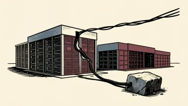 Oracle's Port Washington data center faces grid connection delays: a high-voltage power line is held back from a large data center building by a heavy stone.