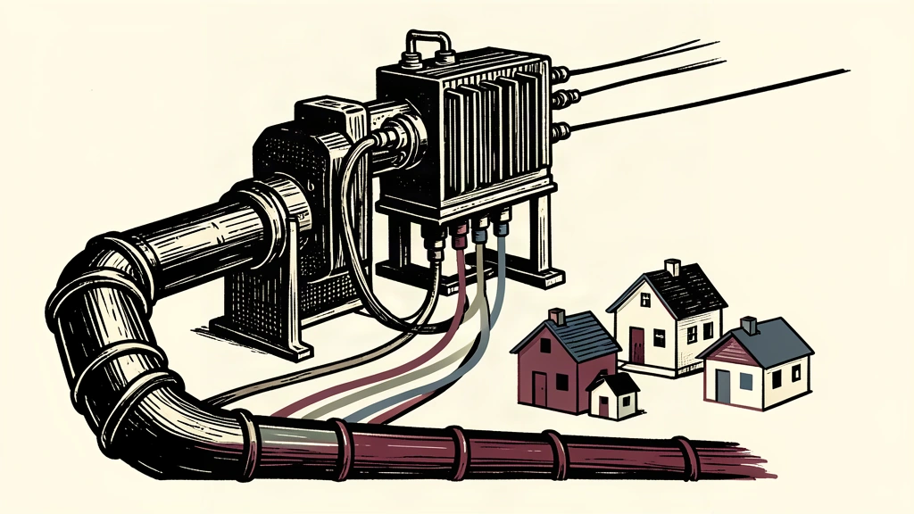 An editorial illustration showing a large gas pipeline feeding into a power transformer that distributes electricity to small homes.