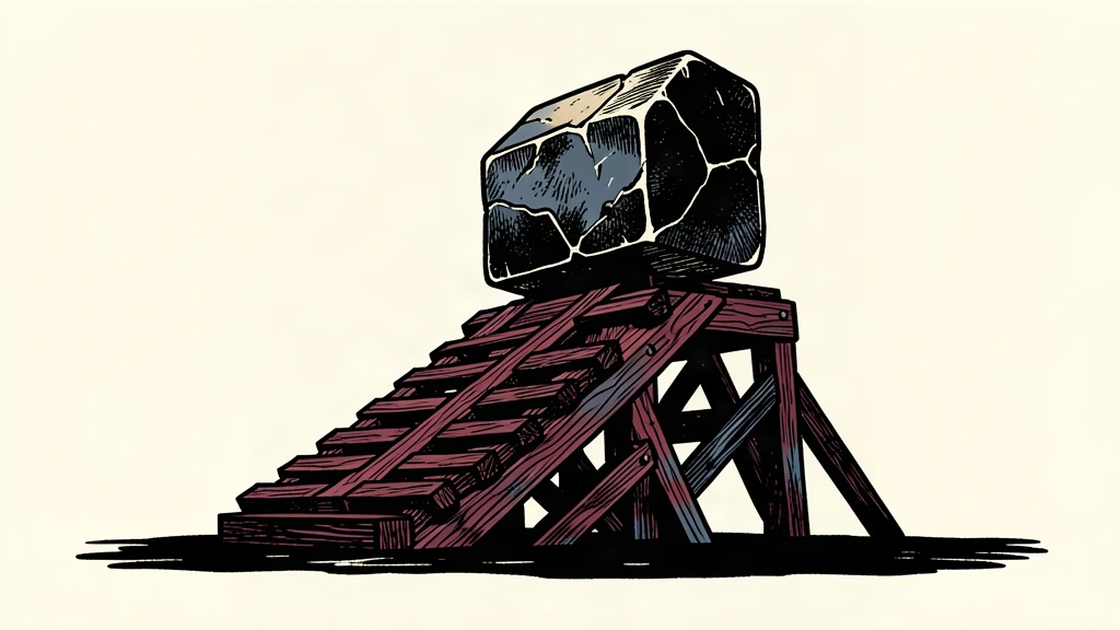 A heavy stone block being lifted by a rising wooden platform against a clean ivory background.