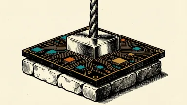 Arteris receives additional microelectronics funding: a secure metal block is lowered onto a large microchip circuit board on a stone pedestal.