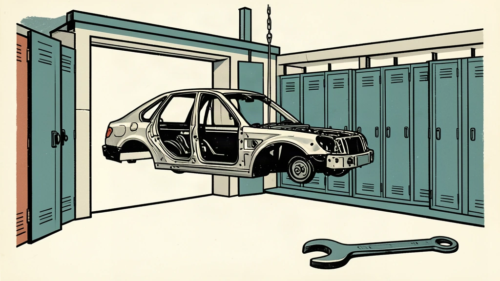 A linocut illustration of a quiet car factory with an empty assembly line and open lockers, symbolizing job cuts.