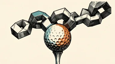 TruGolf acquires Polymath Research: a golf ball on a tee positioned in front of a heavy, interconnected geometric blockchain.