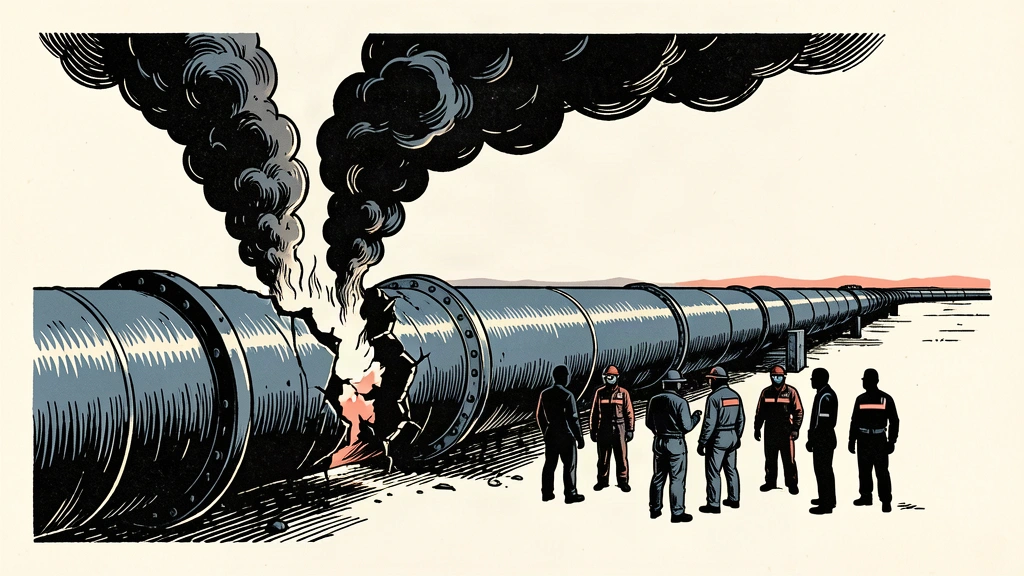 An editorial illustration of a large, ruptured oil pipeline with smoke rising from the break and small workers nearby.