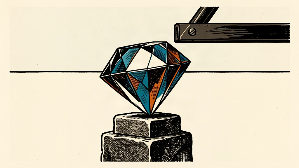 A large diamond on a pedestal is being lifted upward by a heavy lever.