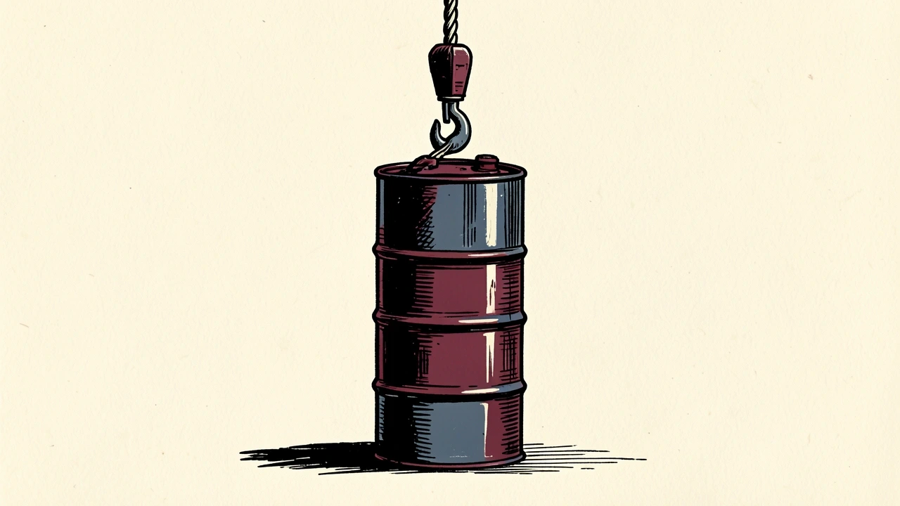 U.S. crude oil inventories rising for a third week: a stack of three industrial oil drums with a third drum being lowered into place by a cable.