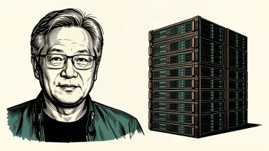An editorial illustration showing Jensen Huang next to a small server rack contrasted against a massive stack of ten racks to represent a tenfold increase in compute demand. Identity photo references adapted into illustration: Photographer: Peter Dasilva (CC BY 4.0; https://creativecommons.org/licenses/by/4.0); source https://commons.wikimedia.org/wiki/File:Jensen_Huang_(cropped)_(2024).jpg