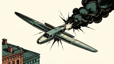 A drone strike on a building in St. Petersburg: a slender drone descends toward a generic urban structure where a jagged rupture and smoke plume mark an impact.