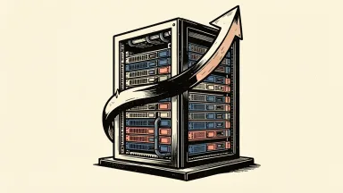 Penguin Solutions AI infrastructure growth: a large server rack being lifted by a thick upward-curving arrow.