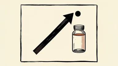 Amgen price target raised by UBS, depicted as an upward arrow on paper with a pill bottle nearby.