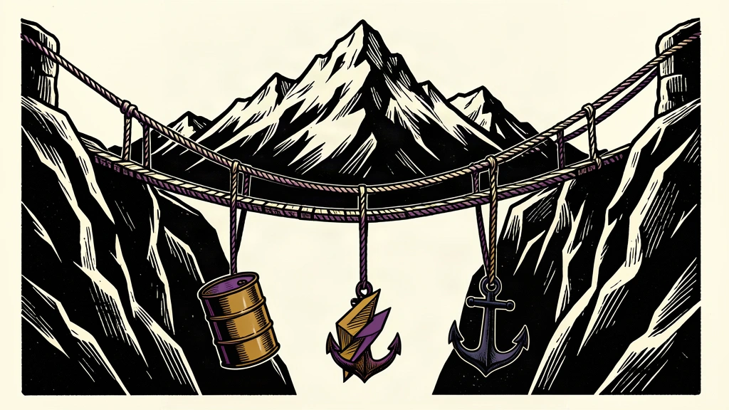 A black ink illustration of a Swiss mountain peak behind a rope bridge strained by heavy hanging weights representing economic risks.