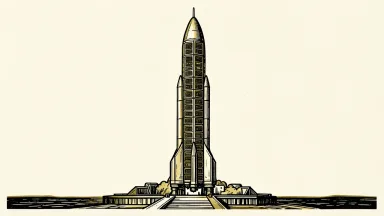 SpaceX revenue shift toward AI compute: a vertical rocket with its upper stages transformed into a glowing grid of server racks.