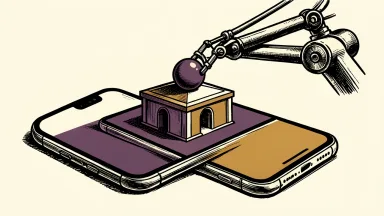 Robinhood launches AI trading agents: a mechanical arm manages a sphere on a dedicated vault-like account tile on a smartphone screen.