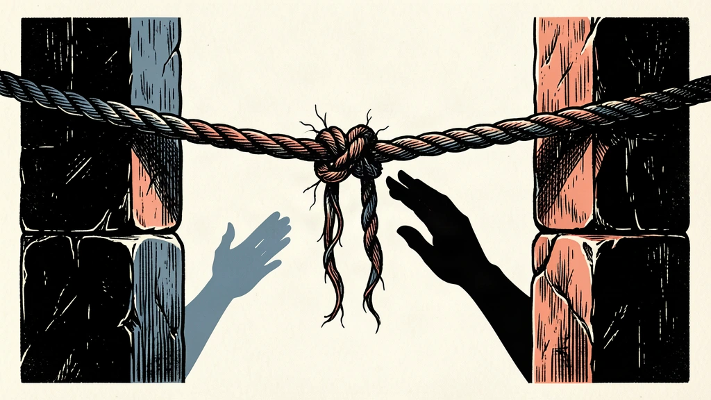 An editorial illustration of a loose, fraying knot between two pillars with a hand hesitating to fix it, symbolizing a loss of urgency in conflict resolution.