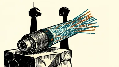 Fabric.AI and Kopin discuss AI infrastructure at Nasdaq: a thick optical fiber cable with a glowing core rests on a pedestal before the Nasdaq MarketSite tower.