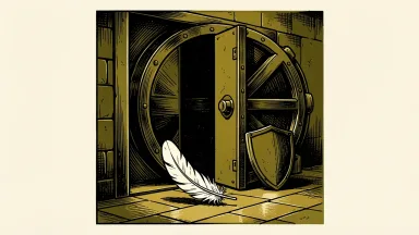 Bank of New York Mellon's minimal credit loss provision is shown as a pristine feather inside an open vault door.