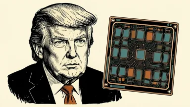 Donald Trump and a semiconductor wafer: a portrait of Trump beside a large silicon wafer representing the GlobalFoundries deal. Identity photo references adapted into illustration: Daniel Torok (Public domain; https://commons.wikimedia.org/wiki/File:Official_Presidential_Portrait_of_President_Donald_J._Trump_(2025).jpg); source https://commons.wikimedia.org/wiki/File:Official_Presidential_Portrait_of_President_Donald_J._Trump_(2025).jpg