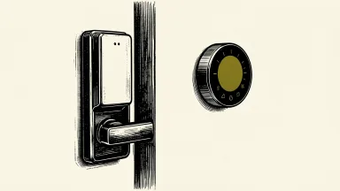 Apple and LG smart home expansion: a minimalist doorbell, door lock, and circular thermostat dial integrated into a clean architectural space.