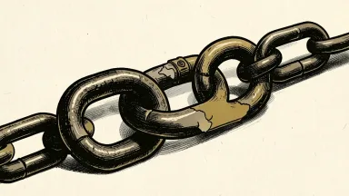 A heavy iron chain link etched with a map of the Strait of Hormuz, representing geopolitical tensions.