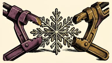 Snowflake stock under pressure from a convertible debt offering: a large snowflake crystal being pulled apart by two heavy industrial clamps.