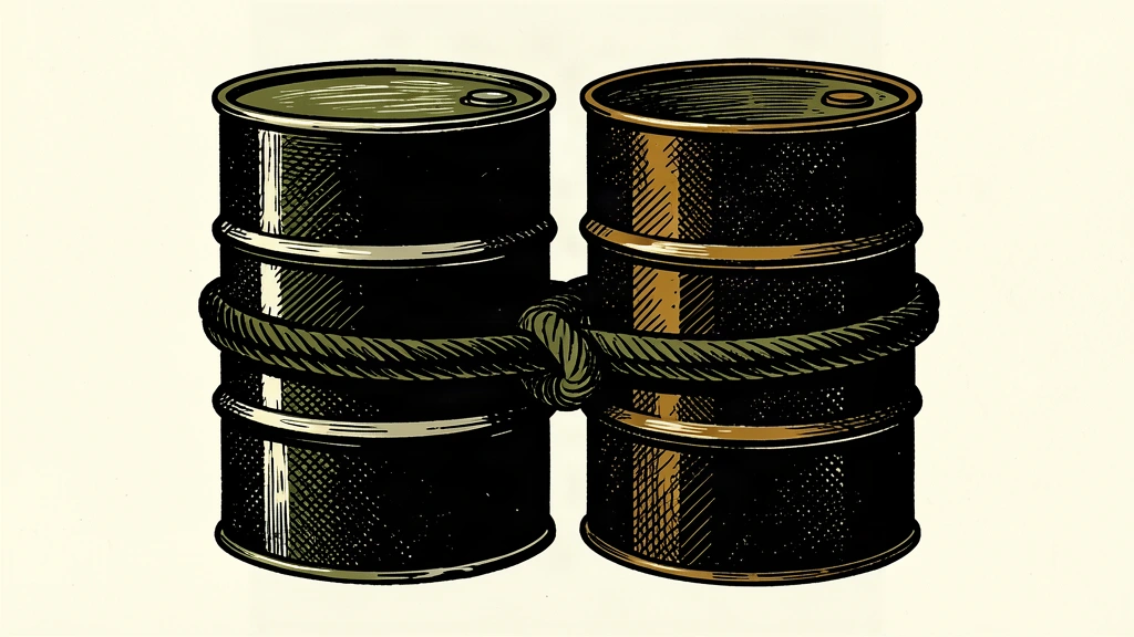 Two oil barrels are bound together by a thick, knotted cable, representing the partnership between Saudi Arabia and Russia in OPEC+.