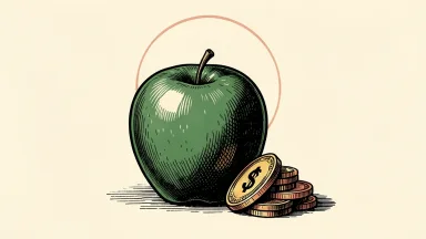 Apple approaches a market cap milestone, shown as a polished apple with an incomplete circle above and gold coins nearby.