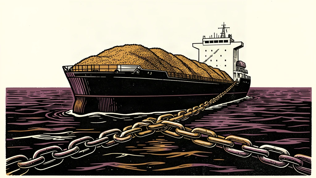 An editorial illustration showing a large cargo ship blocked by a massive chain across the water.