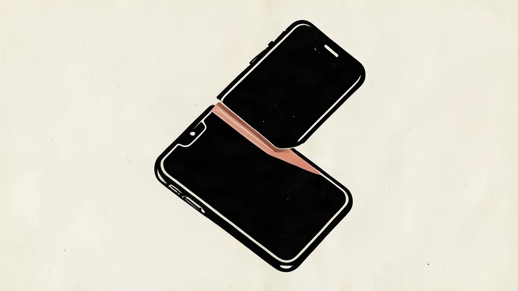 A conceptual illustration of a smartphone beginning to fold in half, rendered in a minimalist black ink style.