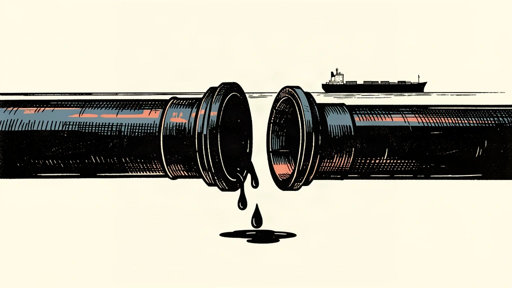 A severed industrial pipeline with oil droplets dripping from the break, while a cargo ship waits in the distance.