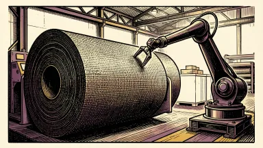 Robo.ai plans a new composites facility: a large roll of woven industrial fabric being handled by a robotic arm in a clean factory setting.
