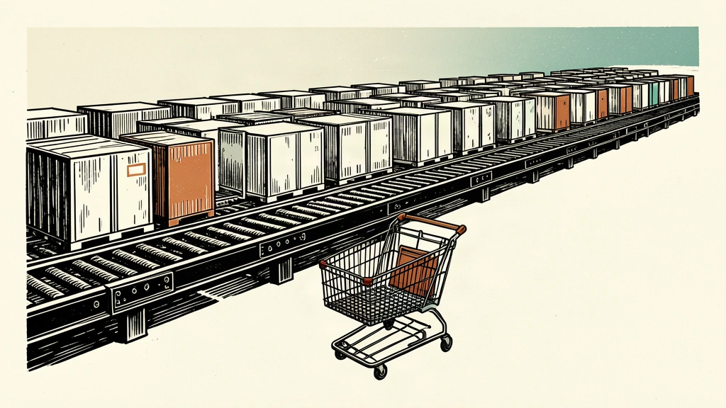 An illustration showing a massive industrial conveyor belt filled with crates moving past a single, empty shopping cart.