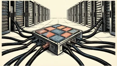 Marvell Structera X memory expanders for AI inference: a central memory module with six glowing channels connected by thick cables to rows of server racks.