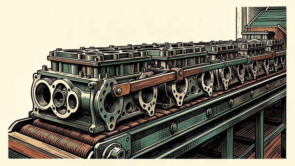 A heavy industrial conveyor belt carrying steel engine blocks, with a mechanical brake arm slowing the lead block to represent a deceleration in production.