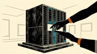 FuelCell Energy leadership transition: a hand places a structural pillar into a large fuel cell stack against a clean industrial background.