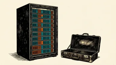 Super Micro Computer appoints a new CFO; a server rack stands beside an empty briefcase.