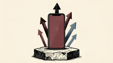 Apple stock momentum: a smartphone stands on a stone pedestal with rising arrows in the background.