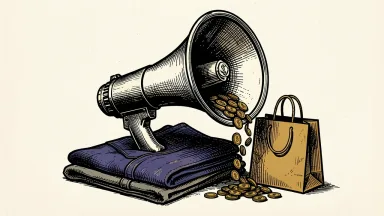 Macy's, Levi Strauss, and other brands directing tariff refunds to marketing: gold coins flow from a refund document into a large megaphone.