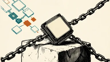 Nvidia buyback authorization: a large microchip is pulled back toward a solid base by a heavy chain while smaller tech tiles drift away.