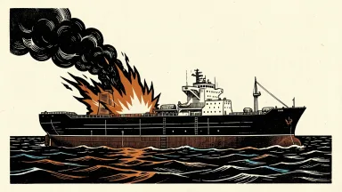 An oil tanker in the Strait of Hormuz experiencing a blast and fire after striking a mine, with smoke and flames rising from the hull.
