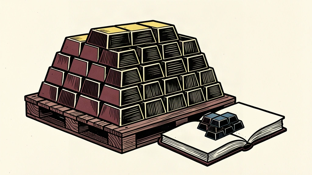 An editorial illustration showing a massive pile of gold bars dwarfing a small ledger book, representing the gap between estimated and reported purchases.