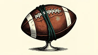 An illustration of a deflated football being squeezed by a heavy cord while balanced on a narrow, fragile base.