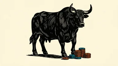 BlackRock price target raised; a carved bull statue with coin discs at its feet.