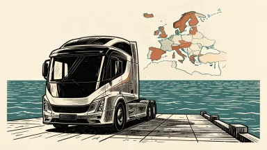 A stylized black ink illustration of a modern semi-truck cab parked at a pier, looking across the water toward a distant landmass shaped like Europe.