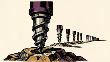 U.S. GoldMining expanding its exploration pipeline: a heavy industrial drill bit positioned on a rocky surface with a line of similar bits receding into the distance.