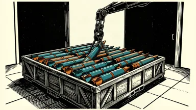 An editorial illustration showing a large lot of missiles being organized into a shipping crate within a hangar.