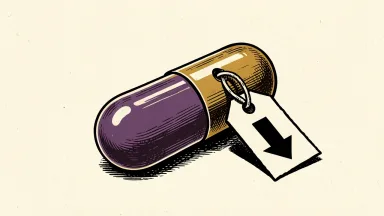 Telix Pharmaceuticals price target cut depicted as a capsule with a downward-arrow price tag.