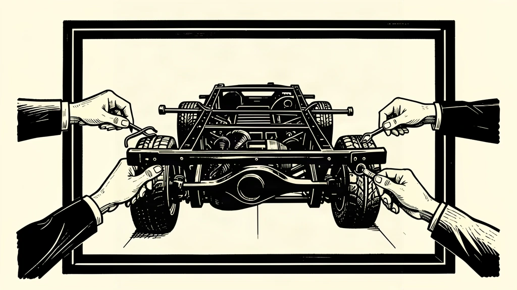 An editorial illustration showing a car chassis being worked on by hands from two sides within a thick rectangular frame.