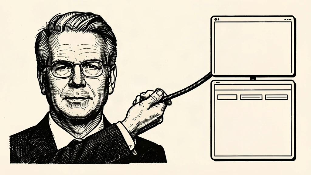 An editorial illustration of Scott Bessent testing the tension of a heavy cable that connects two blank digital interfaces. Identity photo references adapted into illustration: United States Department of the Treasury (Public domain; https://commons.wikimedia.org/wiki/File:Official_portrait_of_Treasury_Secretary_Scott_Bessent.jpg); source https://commons.wikimedia.org/wiki/File:Official_portrait_of_Treasury_Secretary_Scott_Bessent.jpg
