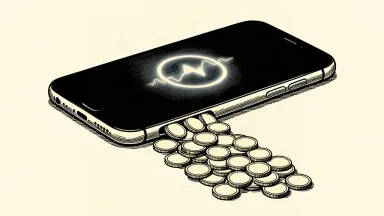 An editorial illustration showing a smartphone with a voice-assistant waveform on its screen, with a stream of coins sliding out from its base onto a flat surface.
