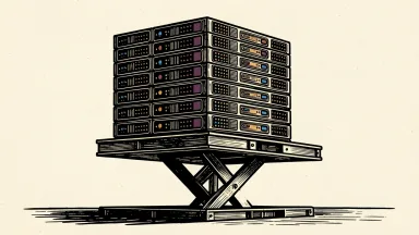 NetApp upgraded to Outperform: a large enterprise data storage array being raised on a mechanical lift.