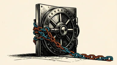 Coastal Financial Corporation facing legal pressure: a heavy bank vault door is restrained by a thick, taut iron chain bolted to the ground.